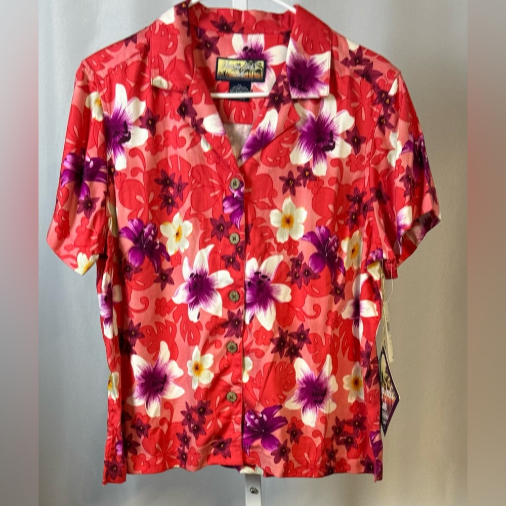 🌠 Havana Jack's Café Shirt Bright Colorful Salmon & Purple Hawaiian Top size PL